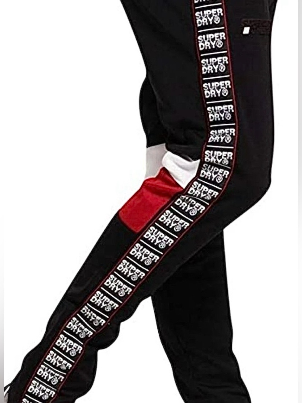 Superdry Tricot Track Pants Black & Red Mens Panel Joggers Ankle Zip Sz M